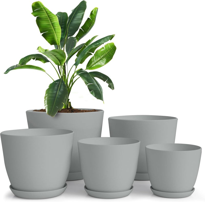 Utopia Home - Plant Pots Indoor with Drainage - 7/6.6/6/5.3/4.8 Inches Decorative Flower Pots for Indoor Planter - Pack of 5, Plastic Planters for Indoor Plants, Flowers, Cactus, Succulents Pot, Gray - Image 1