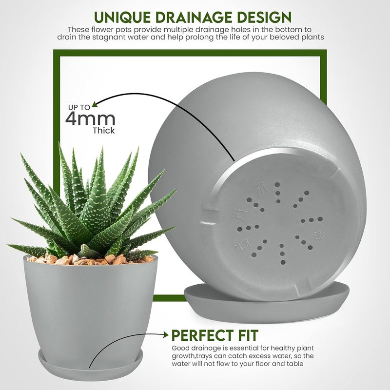 Utopia Home - Plant Pots Indoor with Drainage - 7/6.6/6/5.3/4.8 Inches Decorative Flower Pots for Indoor Planter - Pack of 5, Plastic Planters for Indoor Plants, Flowers, Cactus, Succulents Pot, Gray - Image 3