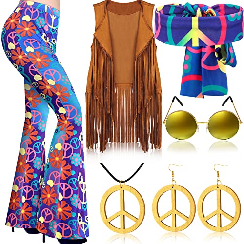 Haull 7 Pcs 60s 70s Disco Hippie Outfits for Women Halloween Costume Set Boho Flared Pants Fringe Vest Peace SignDreamy FlowerXXLarge - Image 1