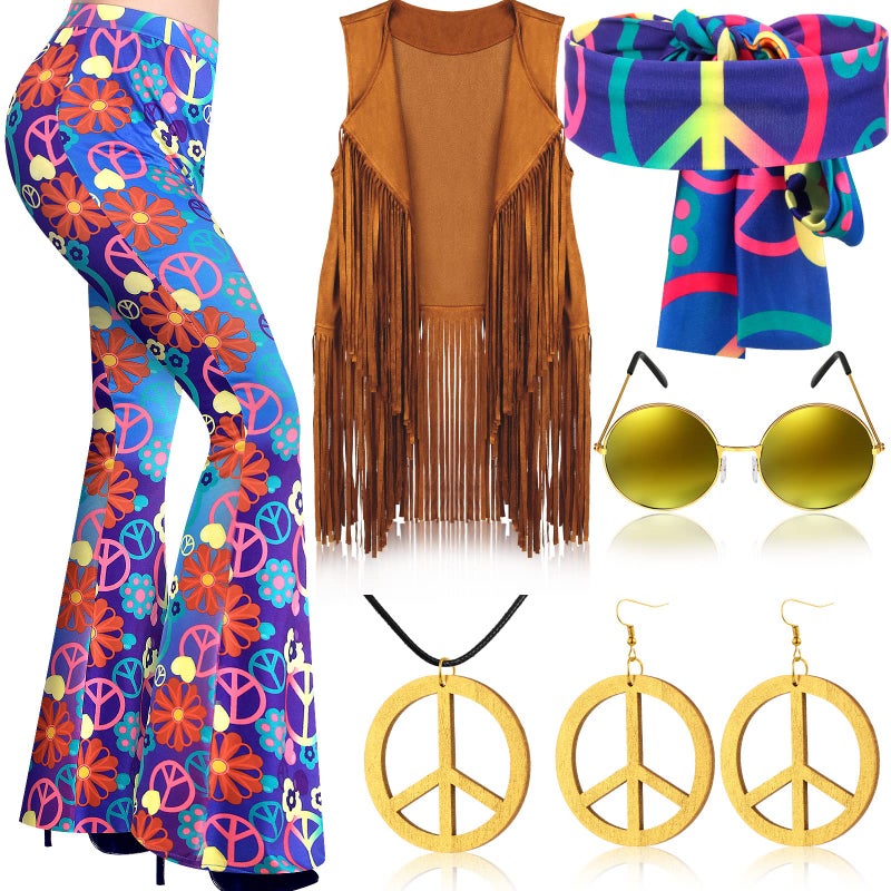Haull 7 Pcs 60s 70s Disco Hippie Outfits for Women Halloween Costume Set Boho Flared Pants Fringe Vest Peace SignDreamy FlowerXXLarge - Image 2