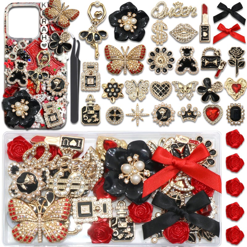 BELICEY Junk Case Charms Red Black Bow Flower Charm for Phone Cases 3D Gold Butterfly Rhinestone Junk Case Kit Elegant Heart Rose Bear Big Charms Customizing DIY Craft Accessories - Image 1