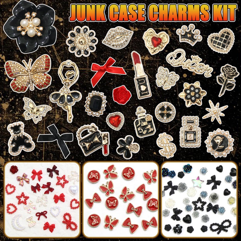 BELICEY Junk Case Charms Red Black Bow Flower Charm for Phone Cases 3D Gold Butterfly Rhinestone Junk Case Kit Elegant Heart Rose Bear Big Charms Customizing DIY Craft Accessories - Image 2