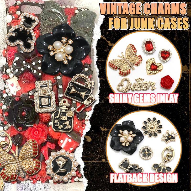 BELICEY Junk Case Charms Red Black Bow Flower Charm for Phone Cases 3D Gold Butterfly Rhinestone Junk Case Kit Elegant Heart Rose Bear Big Charms Customizing DIY Craft Accessories - Image 3