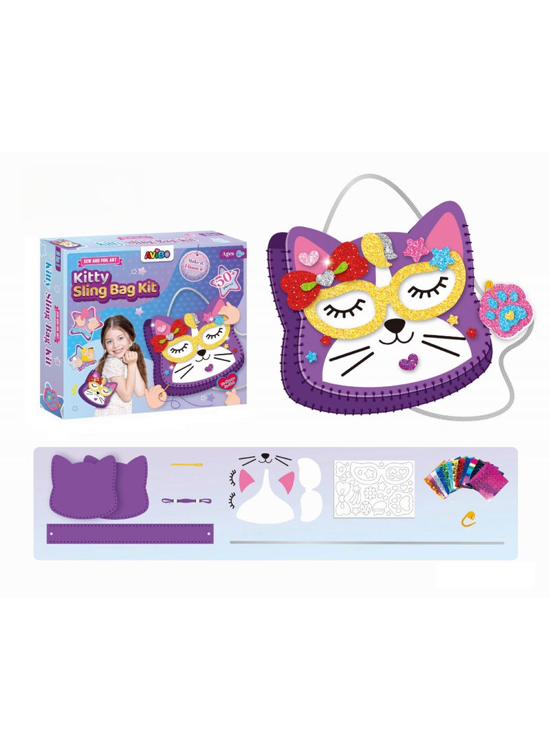 Capstro Sew & Foil Art Kitten Sling Bag Kit – DIY Sewing & Decorating Craft Set with Felt Pieces, Foil Stickers & Yarn | Creative Arts & Crafts Toy for Girls Ages 6–12 | Cute Cat Theme Gift for Kids - Image 1