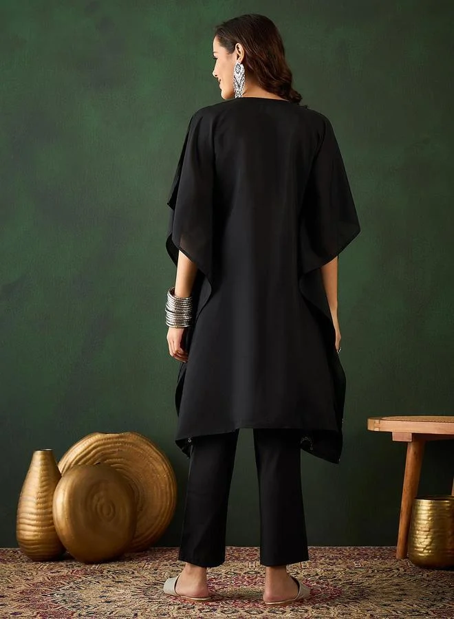 آي شين Women's Black Viscose Silk Embellished Tunic Top With Ankle Palazzo Flared 2 Peice Kurta Set