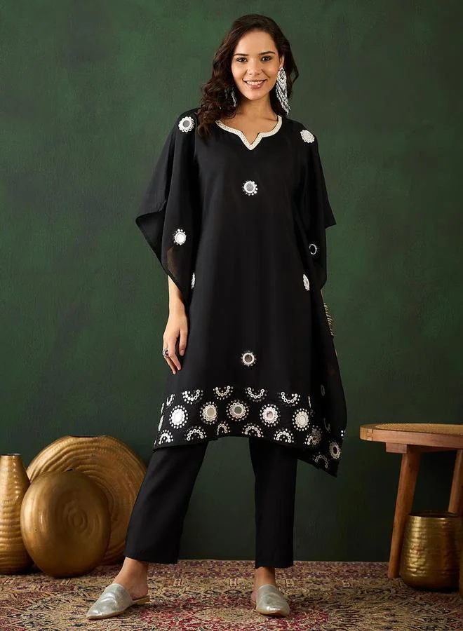 آي شين Women's Black Viscose Silk Embellished Tunic Top With Ankle Palazzo Flared 2 Peice Kurta Set