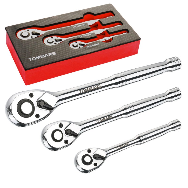 TOMMARS Ratchet Set 1/4" 3/8" 1/2" Drive Ratchet Socket Wrench Kit 72-Tooth Quick-Release Reversible, Cr-V Alloy Steel - Image 1