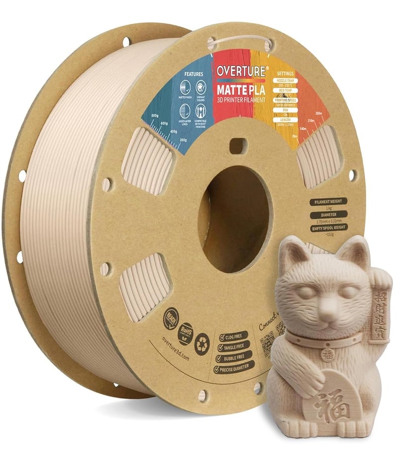 OVERTURE Matte PLA 3D Printer Filament 1.75mm, Matt Surface & Low Warping Filament 1kg Spool (2.2 lbs), Accuracy +/- 0.02 mm, Fit Most FDM Printers (Matte Skin) - Image 1