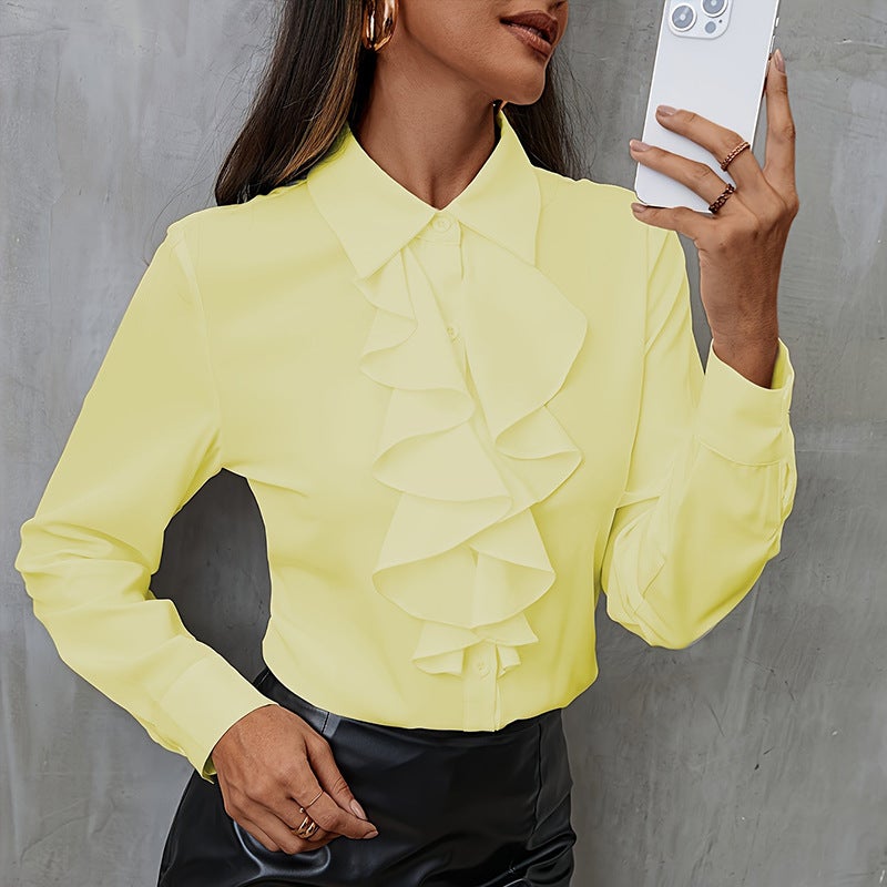 New Womens Loose Chiffon Shirt Long Sleeve White Business Fashion Top Elegant Lotus Leaf Edge Design Quality Assurance Yellow  - Image 1