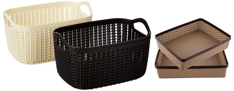 Kuber Industries Unbreakable Plastic 2 Pieces Multipurpose Medium Size Flexible Storage Baskets & Plastic 2 Pieces Solitaire Stationary Office Tray - Image 1
