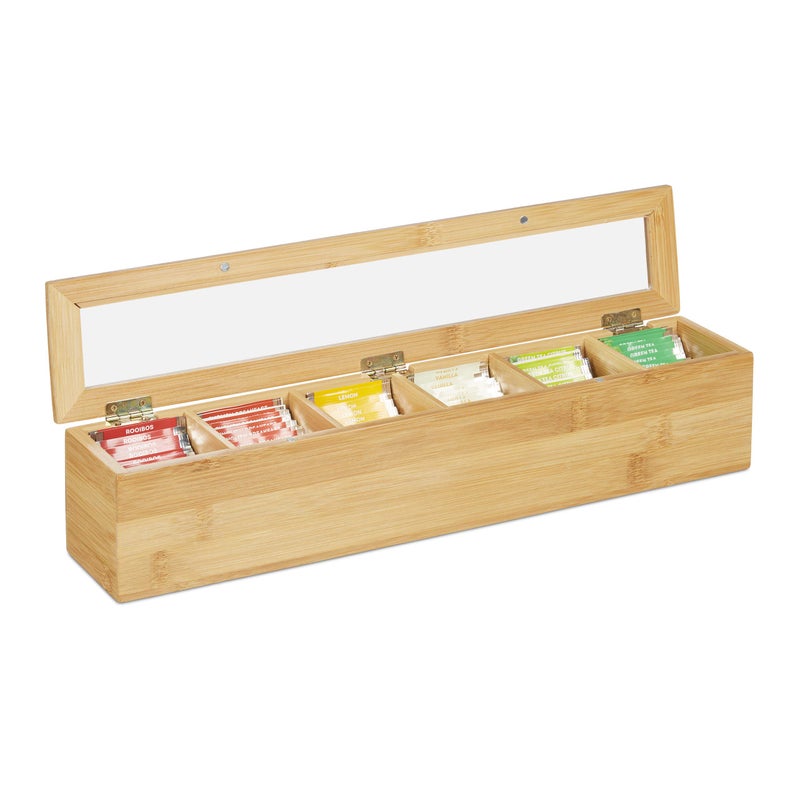 Relaxdays Tea Box 6 Compartments Organiser Chest H x W x D 9 x 44 x 9 cm Bamboo Natural