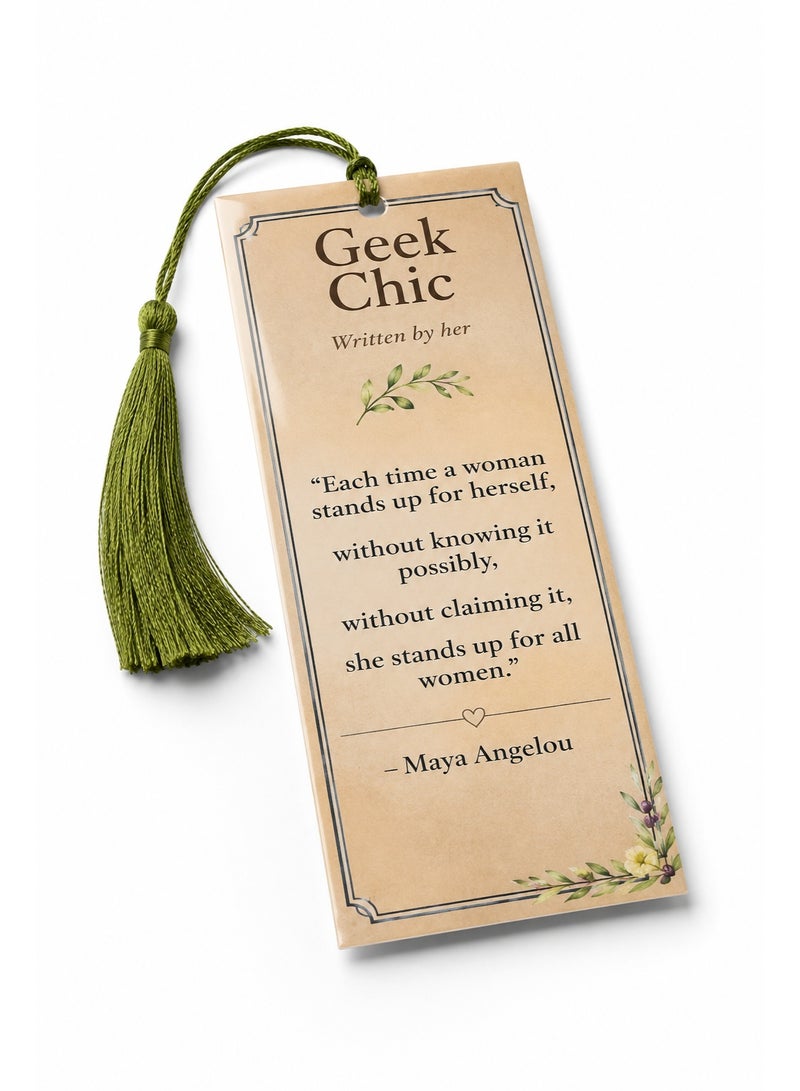 Geek Chic "Written by Her" Maya Angelou Inspirational Bookmark with Olive Green Tassel | 350 GSM Laminated - Image 2