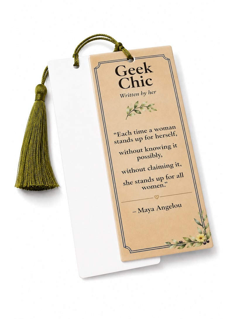 Geek Chic "Written by Her" Maya Angelou Inspirational Bookmark with Olive Green Tassel | 350 GSM Laminated - Image 3