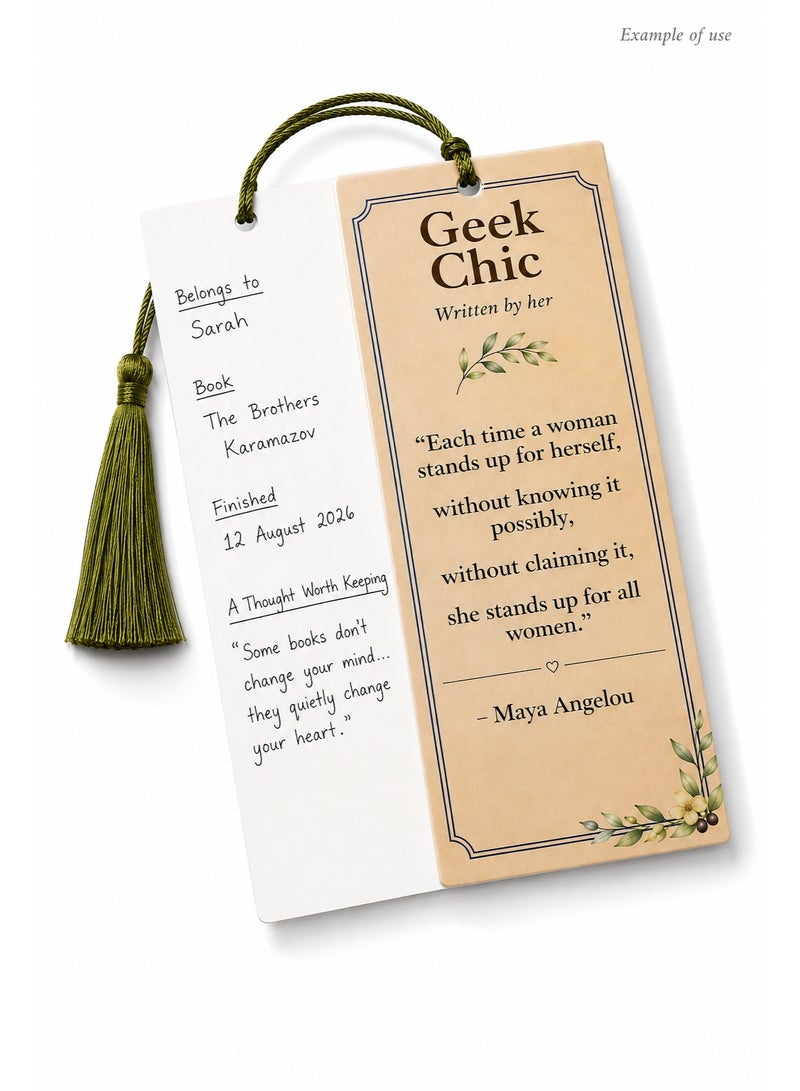 Geek Chic "Written by Her" Maya Angelou Inspirational Bookmark with Olive Green Tassel | 350 GSM Laminated - Image 4