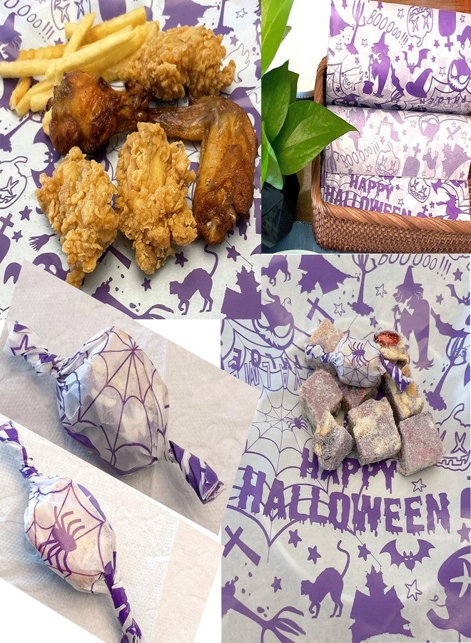 Suiwen 100pcs Halloween Themed Wax Paper Sheet, Food Picnic Paper Printed with Pumpkin, Spider and Spiderweb, Greaseproof,Waterproof Dry Hamburger Liners Wrapping Tissue (Purple) - Image 3