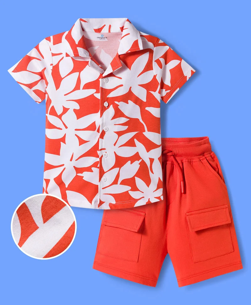 Ollington St. Ollington St. Cotton Knit Half Sleeve Floral Printed Shirt & Short Set - White & Orange
