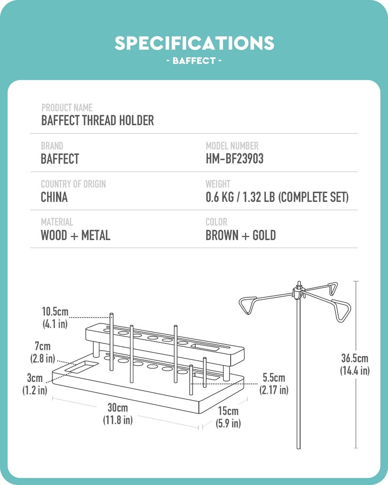 Baffect Thread Spool Holder With Sewing Organizer, 3 Spools Holder For Home Sewing Machines, Wooden Craft and Quilting Supplies Organizer With Gold Metal Thread Stand, Ideal For Quilters - Image 4