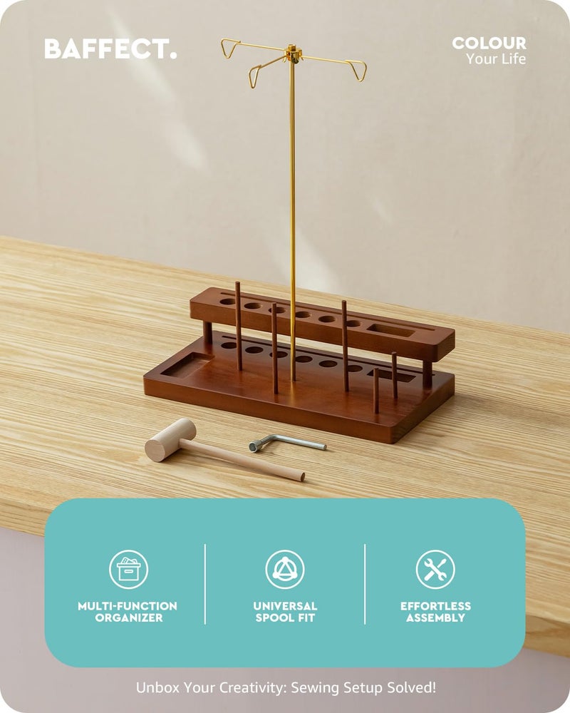 Baffect Thread Spool Holder With Sewing Organizer, 3 Spools Holder For Home Sewing Machines, Wooden Craft and Quilting Supplies Organizer With Gold Metal Thread Stand, Ideal For Quilters - Image 2
