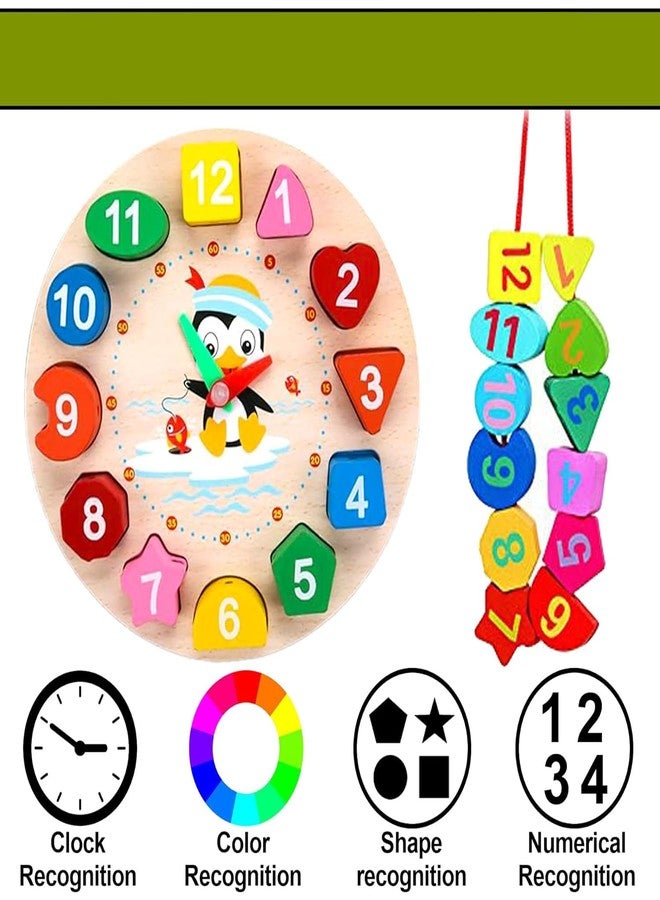 Urbane Chic Wooden Learning Clock with Bead Lace, Educational Digital Analog Numbers, Shapes Toys for Kids - Multicolour - Image 4