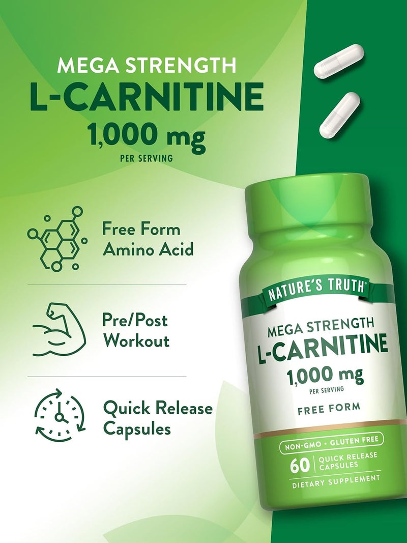 Natures Truth LCarnitine 1000mg  60 Capsules  Mega Strength  Free Form  NonGMO  Gluten Free Supplement - Image 5