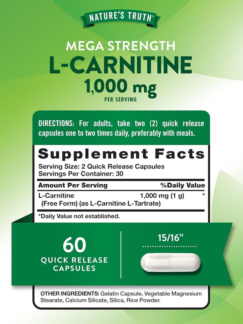 Natures Truth LCarnitine 1000mg  60 Capsules  Mega Strength  Free Form  NonGMO  Gluten Free Supplement - Image 2