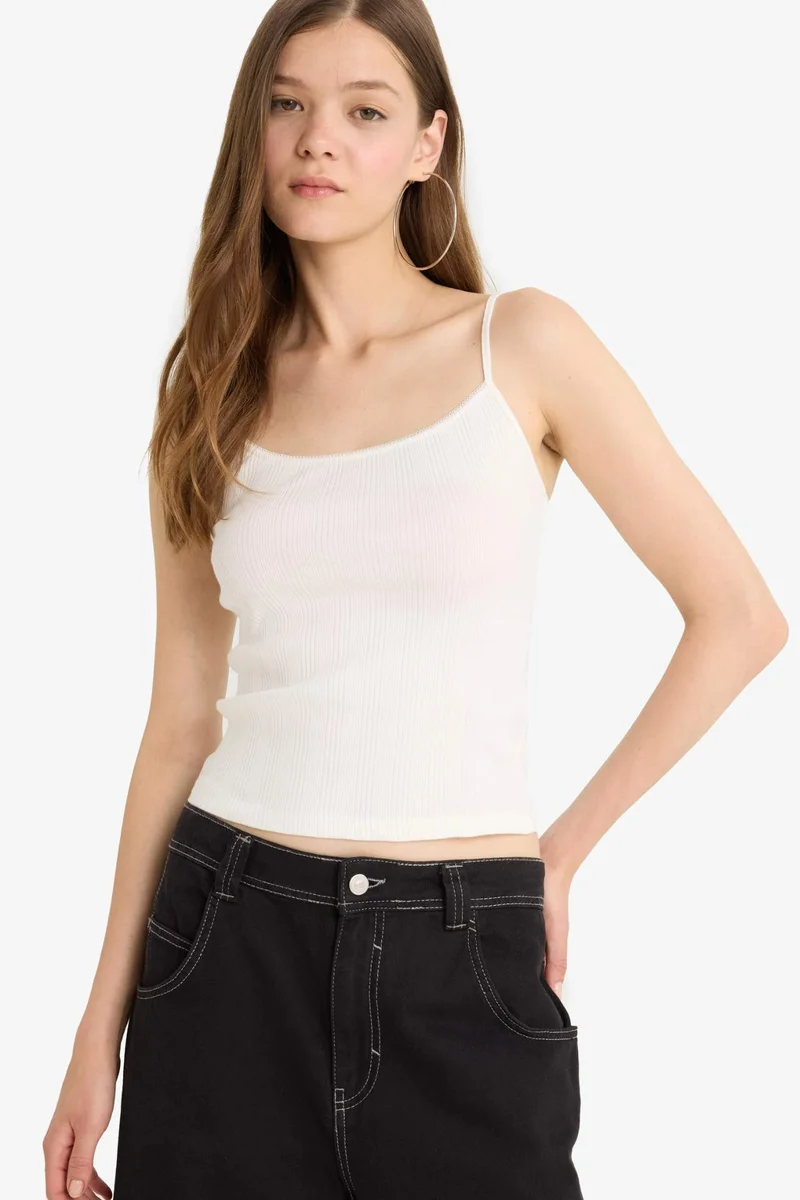 ديفاكتو Fitted U Neck Corduroy White Tank Top
