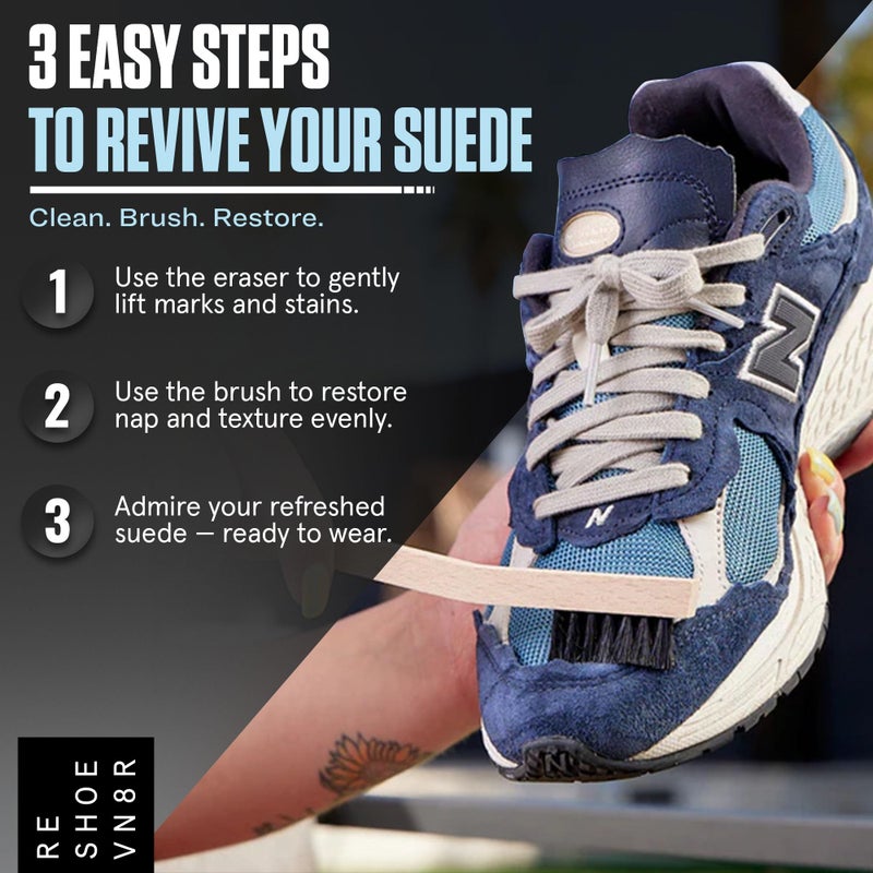 RESHOEVN8R Dry Suede Kit - Sneaker Cleaner & Shoe Care for Light-Colored Nubuck & Suede Shoes - Gently Removes Marks, Spots, & Scuffs - 1 Cleaning Brush & 1 Eraser - Image 3