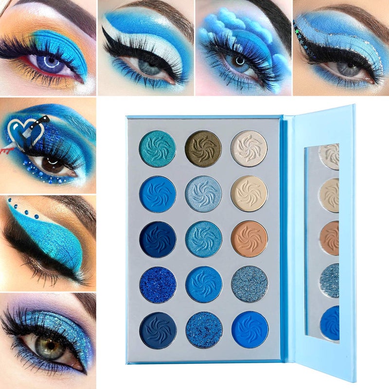 DE'LANCI Space Blue Eyeshadow Palette 15 Color Cosmetics Pressed Pigment Christmas Snowflake Eye Shadow Pallete Matte Shimmer Glitter Drama Makeup Eye Shadow Powder Long Lasting Blue Makeup Pallet - Image 2