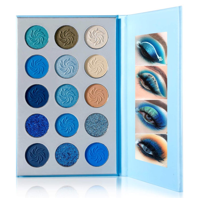 DE'LANCI Space Blue Eyeshadow Palette 15 Color Cosmetics Pressed Pigment Christmas Snowflake Eye Shadow Pallete Matte Shimmer Glitter Drama Makeup Eye Shadow Powder Long Lasting Blue Makeup Pallet - Image 1