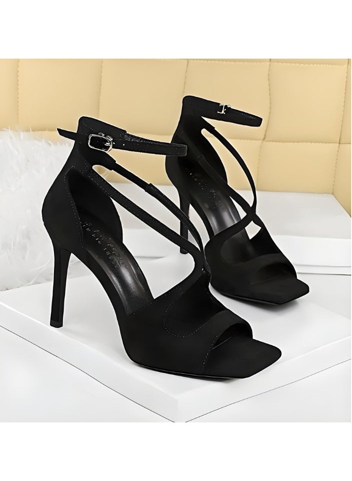BIGTREE Women's Strappy High Heeled Sandals Open Toe Ankle Strap Stiletto Pumps  Black 10.5CM - Image 2