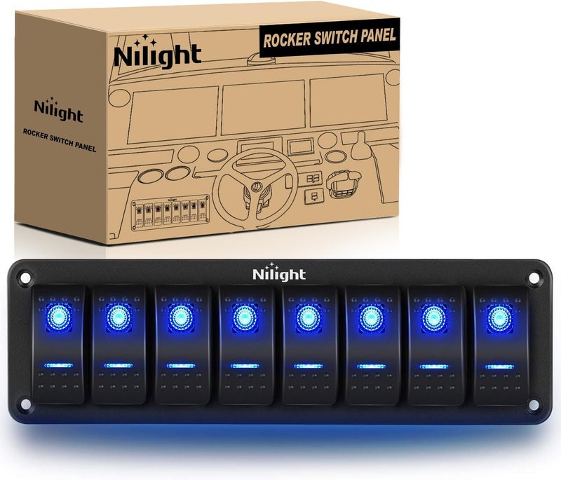 Nilight 8 Gang Aluminum Rocker Switch Panel Toggle Dash 5 Pin ON, Off Pre-Wired Rocker Switch Blue Backlit Switch for Automotive Car Marine Boat RV - Image 1