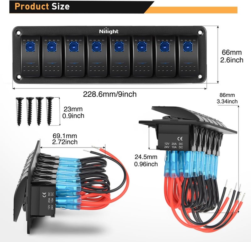 Nilight 8 Gang Aluminum Rocker Switch Panel Toggle Dash 5 Pin ON, Off Pre-Wired Rocker Switch Blue Backlit Switch for Automotive Car Marine Boat RV - Image 2
