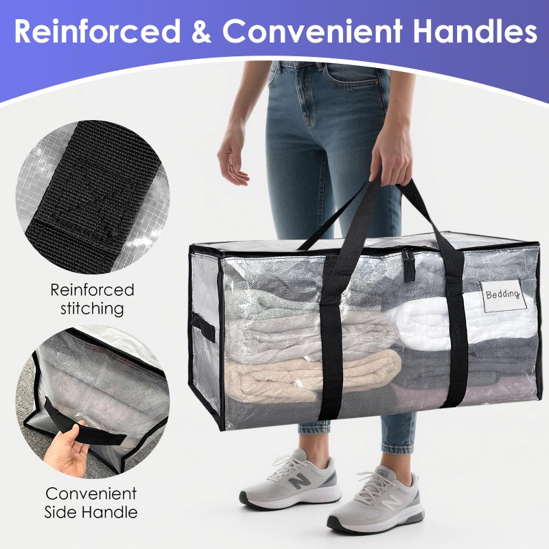 SINLAND 4 Pack Extra Large Heavy Duty Moving Bags with Strong Zippers, Reinforced Handles and Tag Pocket, Packing Totes Supplies for College Dorm Room, Packing Bags for Saving Space(Semi-Transparent) - Image 3