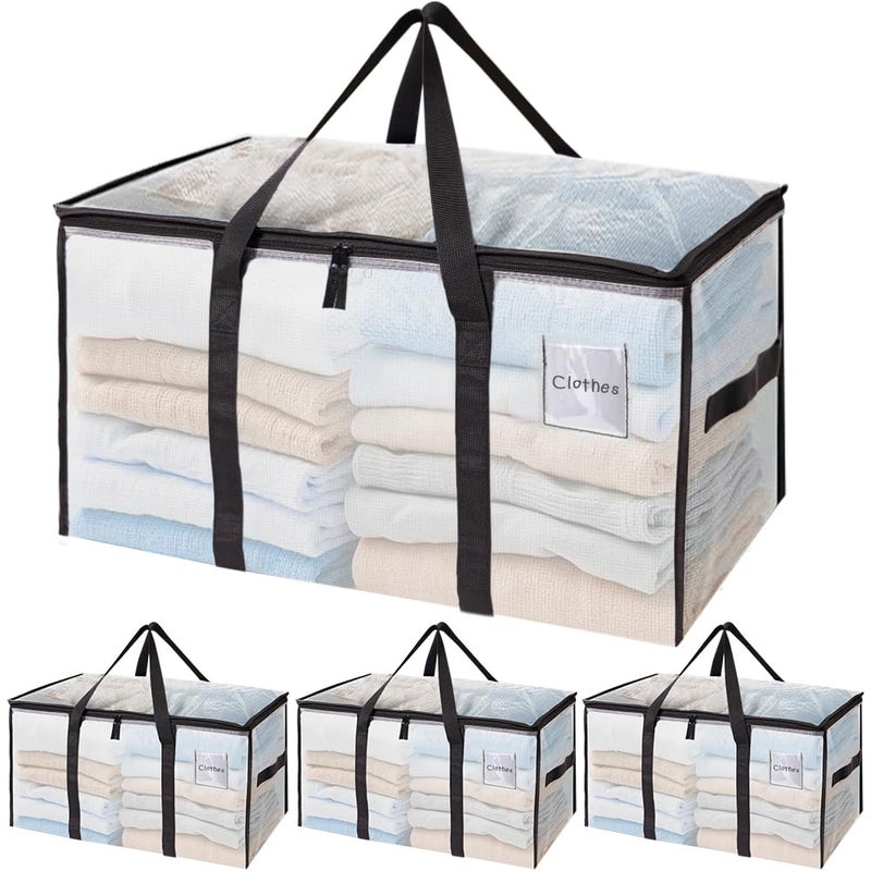 SINLAND 4 Pack Extra Large Heavy Duty Moving Bags with Strong Zippers, Reinforced Handles and Tag Pocket, Packing Totes Supplies for College Dorm Room, Packing Bags for Saving Space(Semi-Transparent) - Image 1