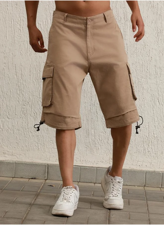 Hubberholme Printed Pocket Cargo Shorts with Toggle Drawstring by Styli