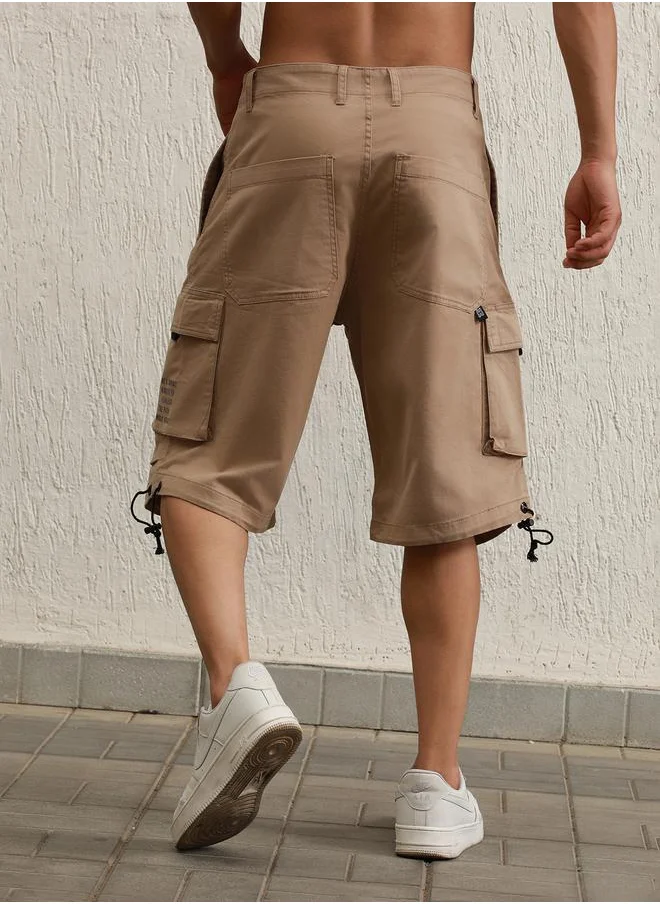 Hubberholme Printed Pocket Cargo Shorts with Toggle Drawstring by Styli