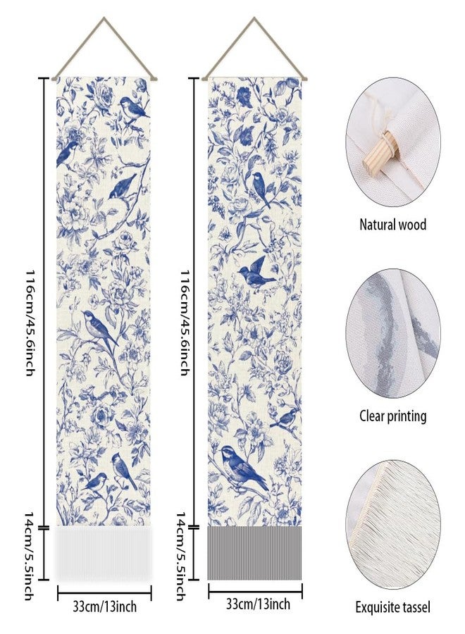 AHANDMAKER Pack of 2 Blue and White Chinoiserie Floral Bird Tapestries, Vertical Chinese Style Aesthetic Long Tapestry, Doorway Curtain Tassel Wall Hanging for Bedroom Living Room, 13 x 51 Inch - Image 3