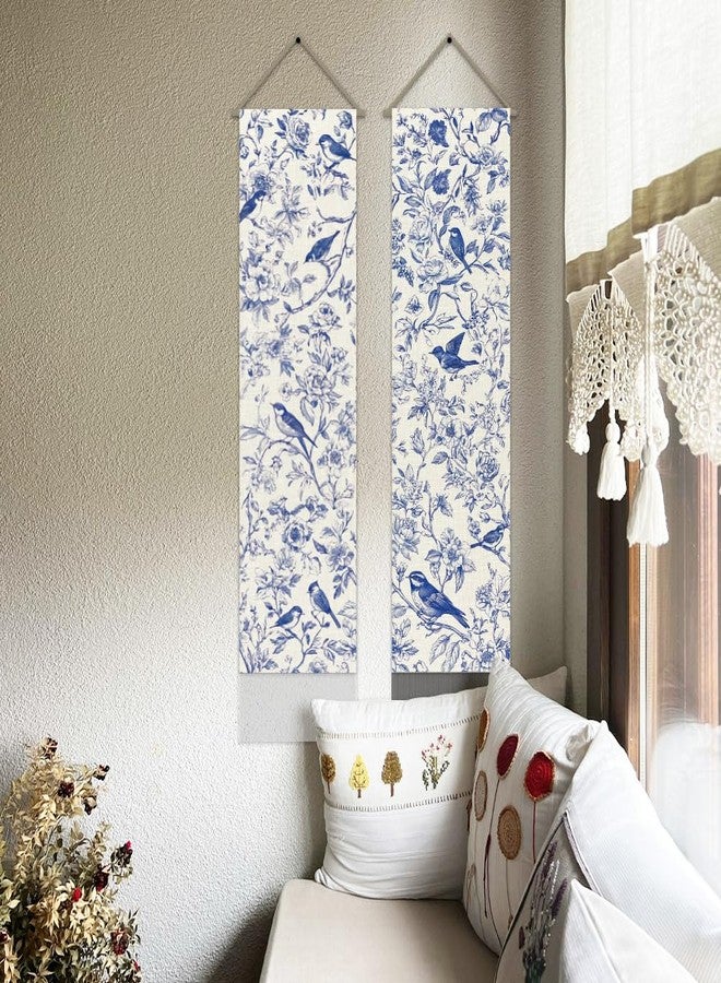 AHANDMAKER Pack of 2 Blue and White Chinoiserie Floral Bird Tapestries, Vertical Chinese Style Aesthetic Long Tapestry, Doorway Curtain Tassel Wall Hanging for Bedroom Living Room, 13 x 51 Inch - Image 4
