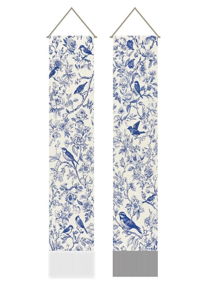 AHANDMAKER Pack of 2 Blue and White Chinoiserie Floral Bird Tapestries, Vertical Chinese Style Aesthetic Long Tapestry, Doorway Curtain Tassel Wall Hanging for Bedroom Living Room, 13 x 51 Inch - Image 1