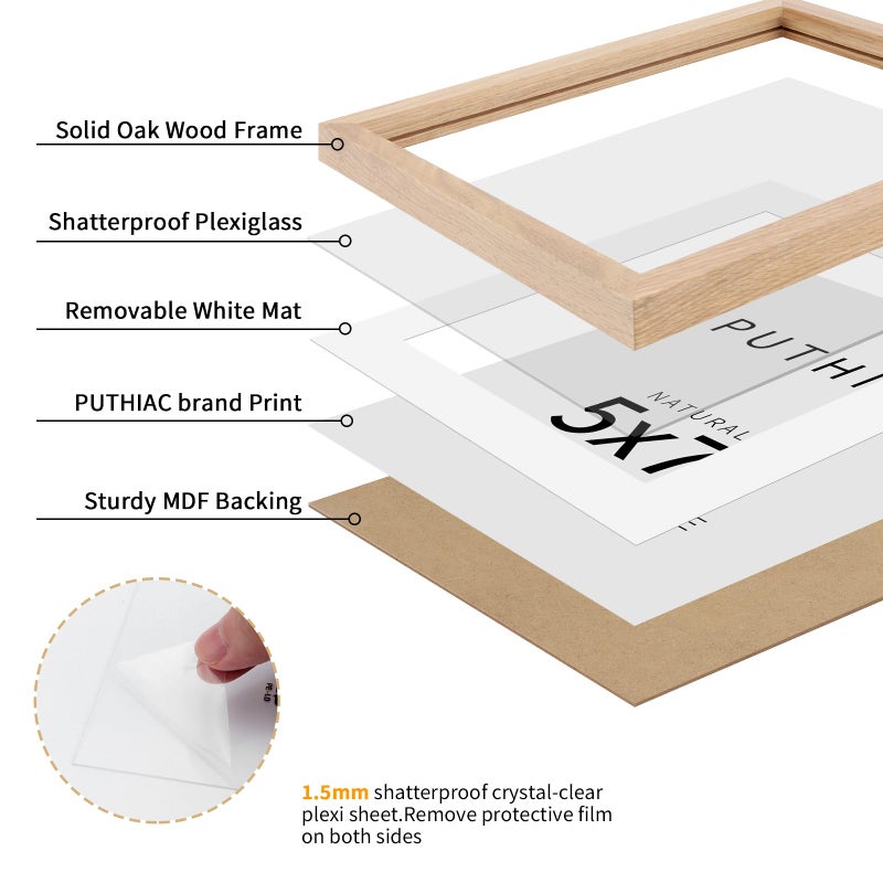 puthiac 5x7 Oak Wood Picture Frame - Minimalist 5x7 Picture Frame  5""x7"" Frame Wood  Natural Solid Wooden Picture Frames for Wall Art Photo and Prints(3 Pack  Beige) - Image 2