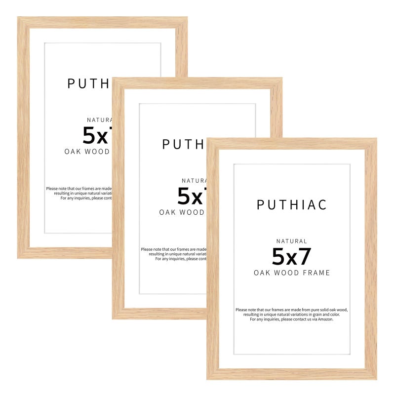 puthiac 5x7 Oak Wood Picture Frame - Minimalist 5x7 Picture Frame  5""x7"" Frame Wood  Natural Solid Wooden Picture Frames for Wall Art Photo and Prints(3 Pack  Beige) - Image 1