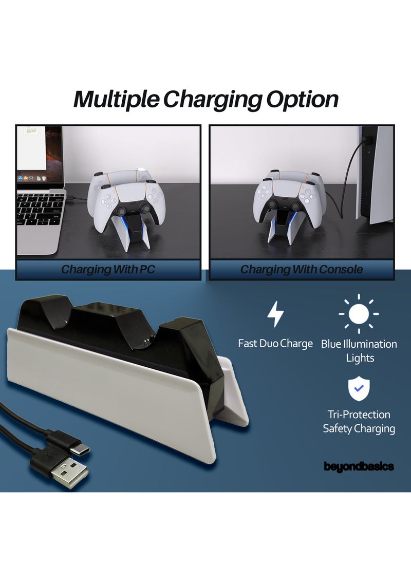 Beyond Basics - Beyond Basics Ps5, Ps5 slim, Ps5 Pro Controller Charger Dual sense Controller Charging Dock Station Fast Dual Charger Usb type C With Blue Light Led Indicator Gift - White. - Image 1