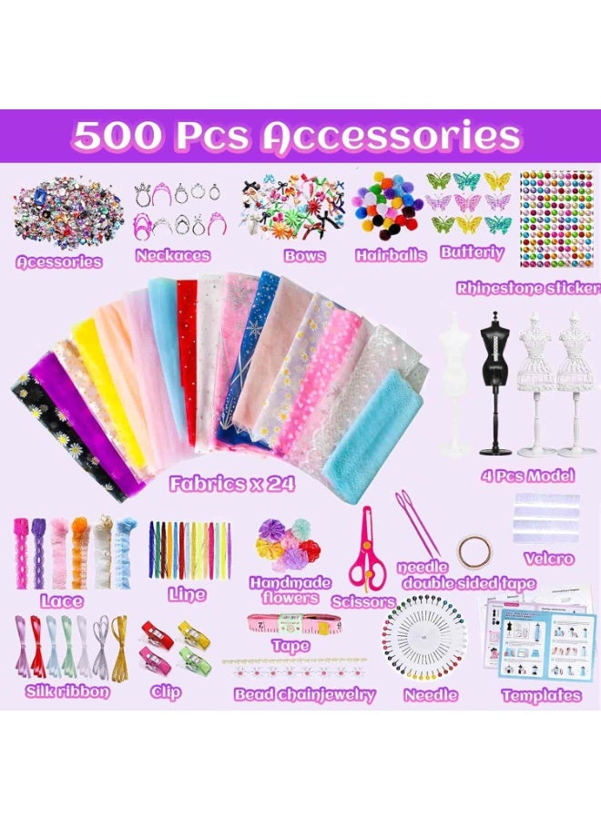 ميتوي 500 + قطعة مجموعات مصمم الأزياء للفتيات ، مجموعة الخياطة العارضات 24 النسيج و إكسسوارات دمي الإبداع لتقوم بها بنفسك الفنون لعب للتعلم - Image 2