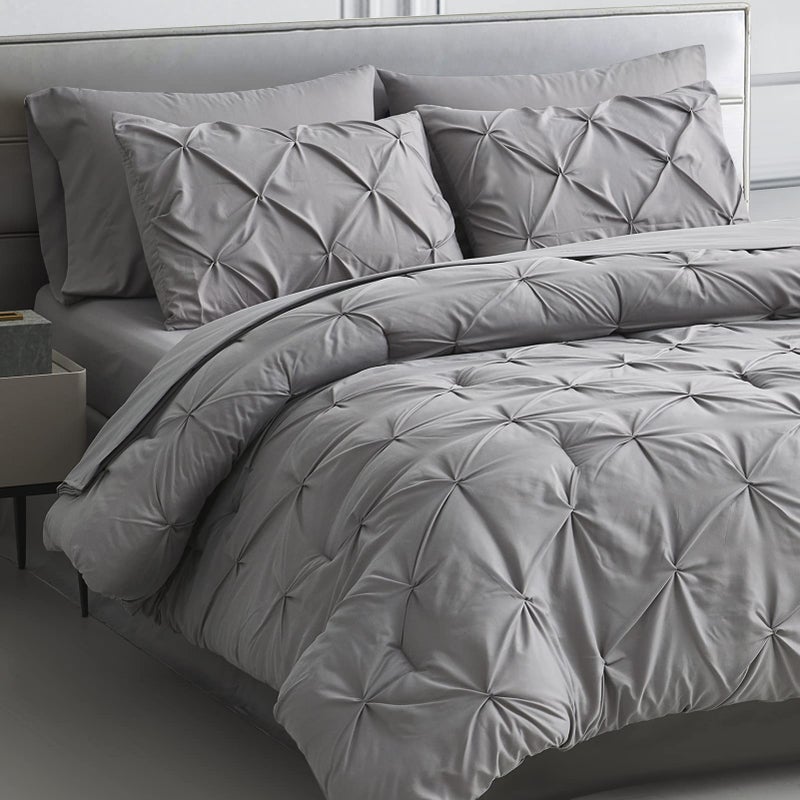 MapleStone Twin XL Comforter Set Grey Pinch Pleat 5 Pieces Bed in A Bag Extra Long Pintuck Comforter Set Gray Twin XL with Down Alternative Comforter Sheets Pillowcase  Sham