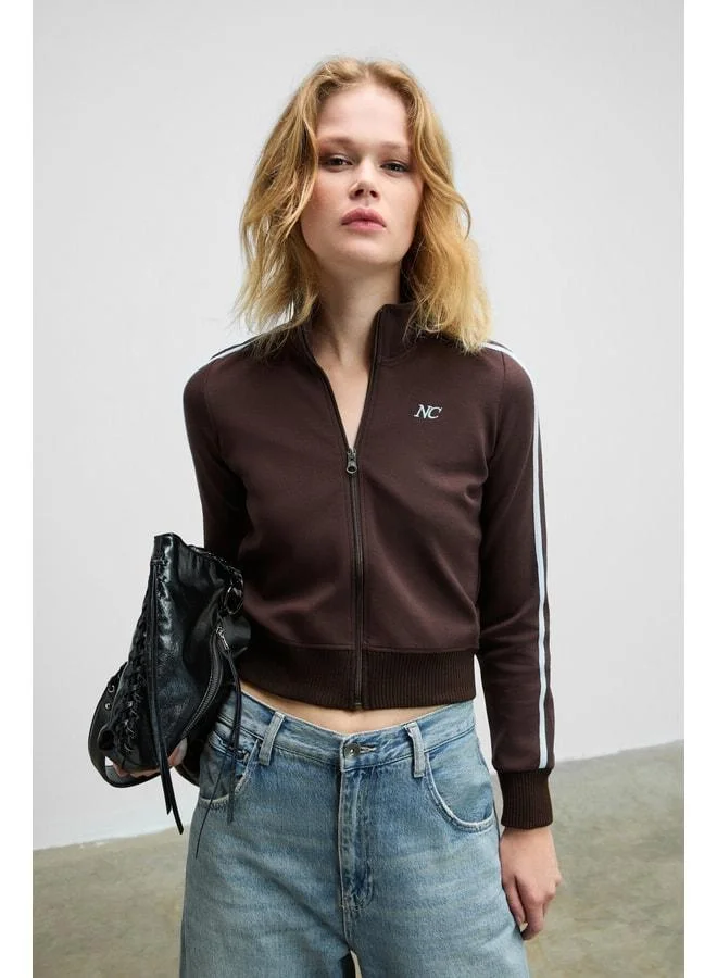 GRIMELANGE REPETA Women's Straight Collar Embroidered Detail Zipper Slim Fit Brown Jacket.