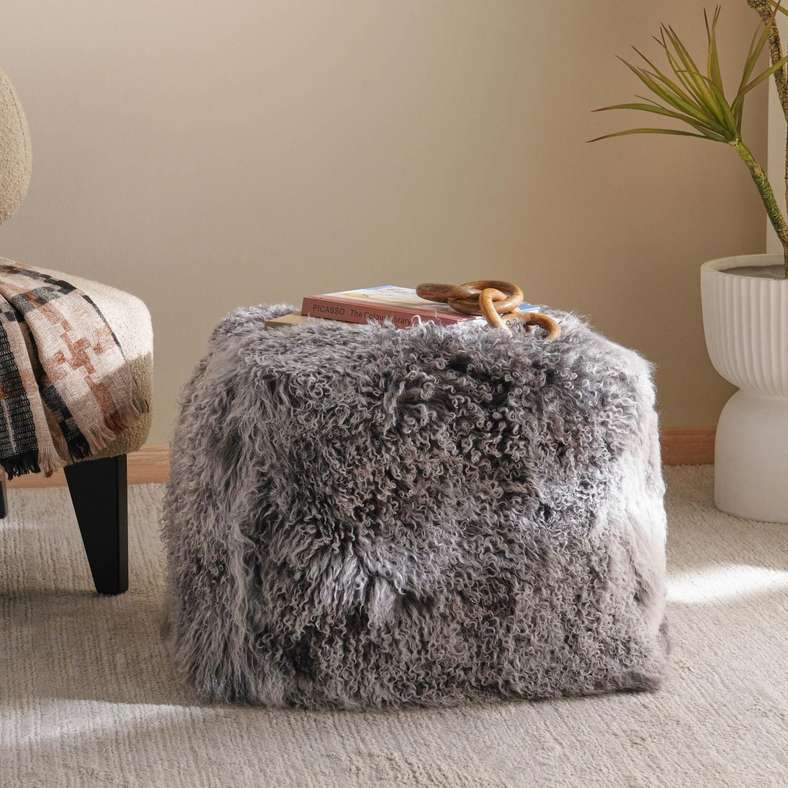 Pan Home Mongolian Fur Pouf in Grey