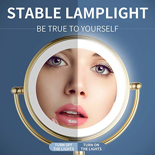 DOWRY 8 Inch Wall Mounted Vanity Makeup Mirror with LED Lighted,360 Swivel Double-Sided 10X Magnification Mirror for Bathroom/Bedroom/Hotel,Gold Finish - Image 3