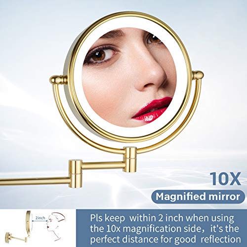 DOWRY 8 Inch Wall Mounted Vanity Makeup Mirror with LED Lighted,360 Swivel Double-Sided 10X Magnification Mirror for Bathroom/Bedroom/Hotel,Gold Finish - Image 2