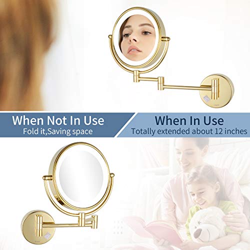 DOWRY 8 Inch Wall Mounted Vanity Makeup Mirror with LED Lighted,360 Swivel Double-Sided 10X Magnification Mirror for Bathroom/Bedroom/Hotel,Gold Finish - Image 4