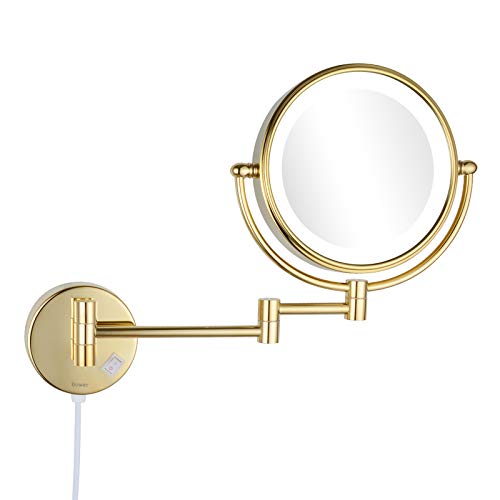 DOWRY 8 Inch Wall Mounted Vanity Makeup Mirror with LED Lighted,360 Swivel Double-Sided 10X Magnification Mirror for Bathroom/Bedroom/Hotel,Gold Finish - Image 1